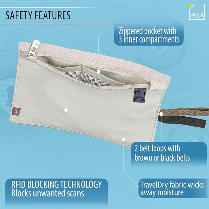 Lewis N. Clark RFID Blocking Money Belt Travel Pouch + Credit Card, ID, Passport Holder for Women & Men, Tan, One Size