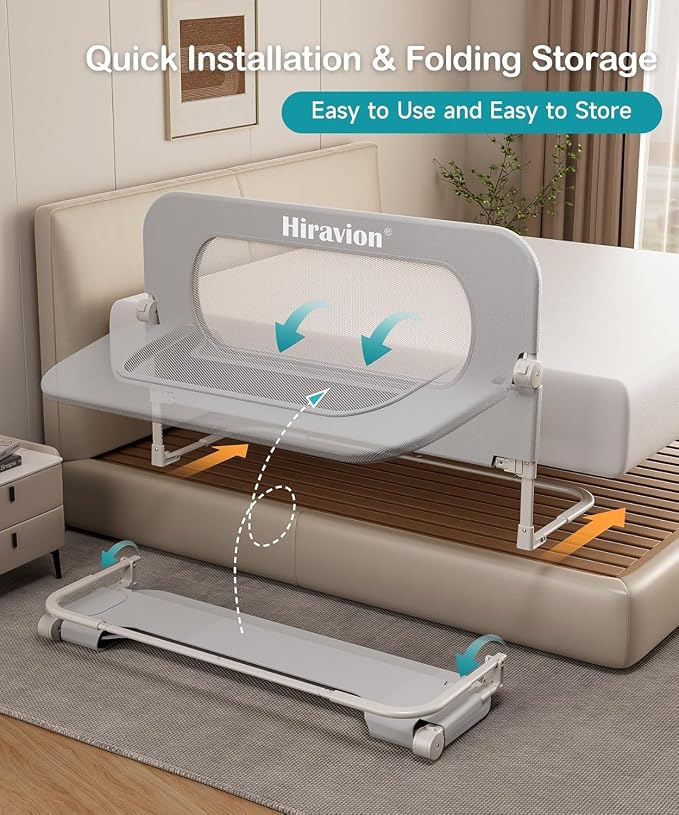 Bed Rail for Toddlers - 59 Inch Foldable Baby Guard | Height Adjustable | Foldable | Fits Full/Queen/King/Twin Beds | U-shape base provides Safety sleep protection | Grey