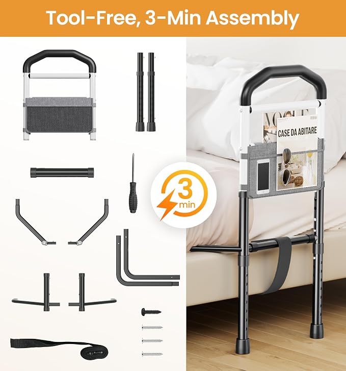 HOMLAND Bed Rails for Elderly Adults Safety, Stability with Wider Base | SGS Tested & ASTM Compliant, Adjustable, 350lb Support, Tool-Free, Fits Twin to King, Alloy Steel Material, Black