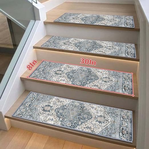 8”x 30” Carpet Stair, Anti-Slip Carpet Treads for Wooden Steps, Self-Adhesive Decorative Stair Runners, Slip-Resistant Treads for Indoor Wooden Staircases (4, Blue, 8X30 inch)