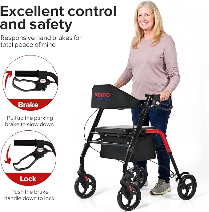 Metro Mobility Rollator Walker with Seat for Seniors, Foldable Lightweight Rolling Walker, 8" Big Wheels for All Terrain, 300 lb. Weight Capacity, Red