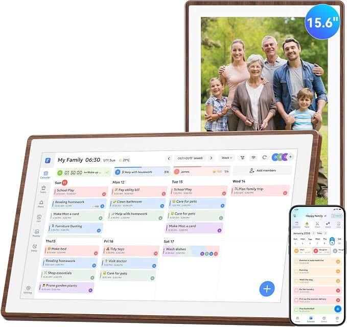 15.6" Smart Digital Calendar - No Subscription Family Hub with Calendar Sync, Meal Planner, Photo & Video Display, Touch Screen, Wall & Desk Mount, Gifts for Women Men (Walnut)