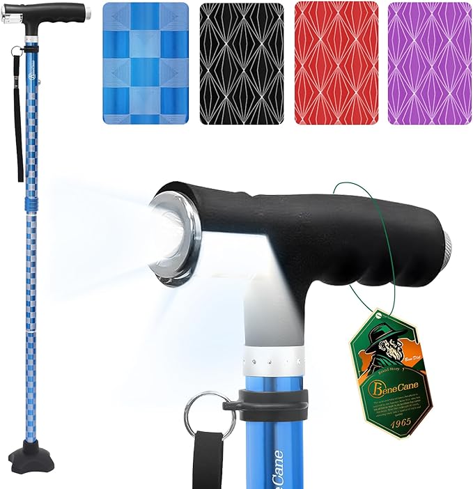 BeneCane Walking Cane for Women Folding Cane for Men with Two Led Lights Quad Cane with Stable Base Lightweight and Adjustable Walking Stick