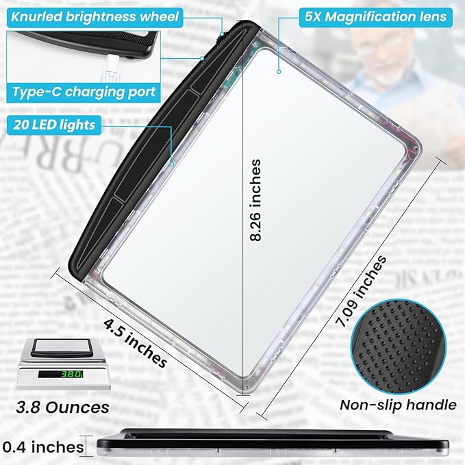Rechargeable 5X Magnifying Glass for Reading, Large Bright Full Page Magnifier with Light, Handheld LED Dimmable Lighted, Lightweight Book Magnifier for Reading Small Prints Seniors Low Vision