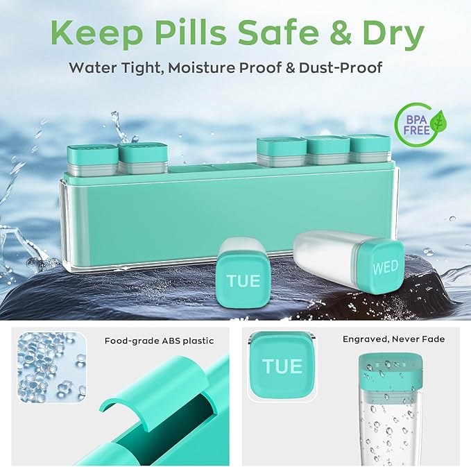 Weekly Pill Organizer 1 Time a Day, HIONXMGA Portable Detachable Travel Pill Box 7 Day, Large Once Daily Pill Holder Case, Color-Coded Dispenser for Vitamin Medicine Supplement Fish Oil, Cyan