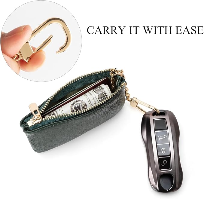 Full Grain Leather Coin Purse with Key Chain - Small Change Purse Keychain Card Holder Keychain Pouch Small Keychain Wallet for Women and Men (Forest Green)