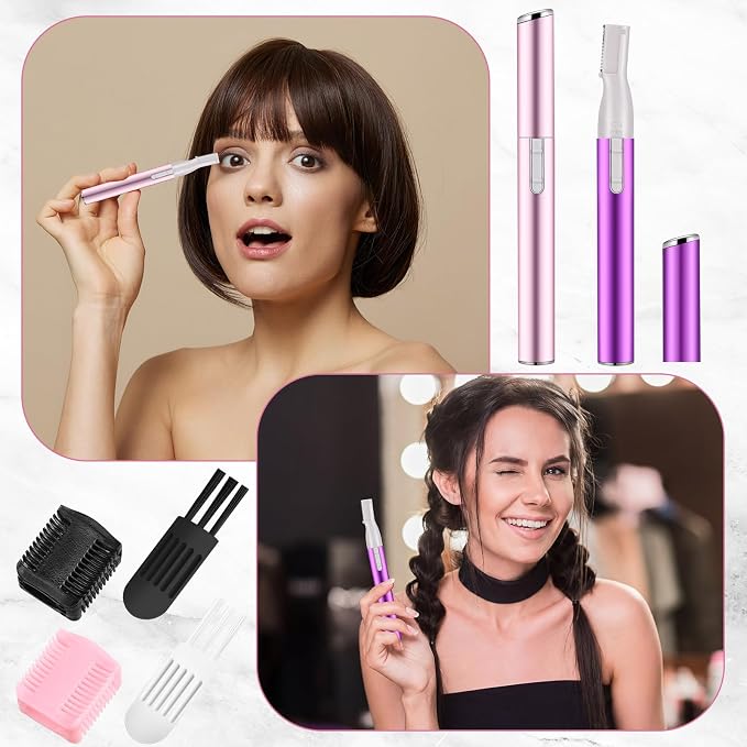 Chumia 2 Pcs Electric Eyebrow Trimmer Women Precision Face Razors Mini Shaver with Comb Christmas Women Gift Battery Operated Personal Epilator for Face Neck Fuzz Lips Leg(Pink,Purple)