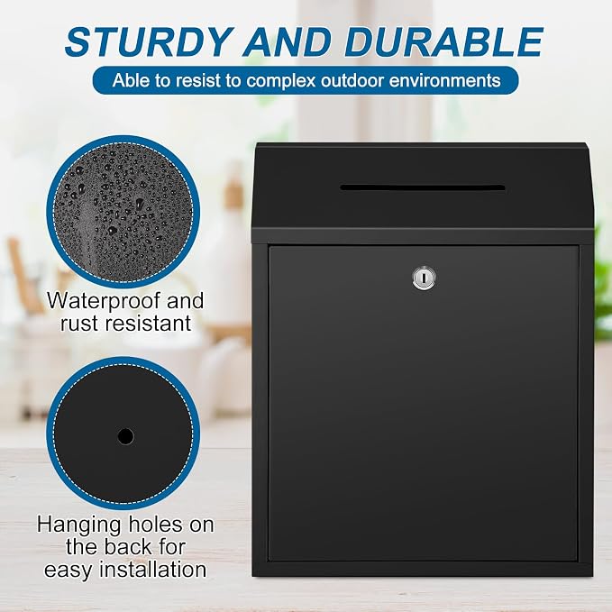 Yaocom Metal Money Box,Black,15 x 12 x 4 Inch,No Lid | Wall Mounted Drop Donation Cash Box for Farm Stand Collection Safe Suggestion Box with Lock Container for Home Office Outdoor