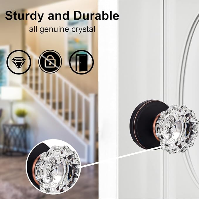Glass Door Knobs Interior, Crystal Dummy Door Knobs for Hall and Closet, Oil Rubbed Bronze (4 Pack) | for Hall and Closet, Oil Rubbed Bronze (4 Pack)