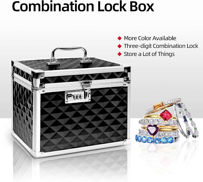 Medication Combination Lock Boxes with Code for Personal Items, Medicine Lockbox for Documents 10 x 7.25 x 7.75 Inches Plaid Black