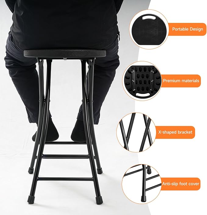LEDLAY24 Inch Folding Stool with Handle - 500LBS Capacity Portable Foldable Stool with Non-Slip Feet, Heavy-Duty Steel & Plastic Collapsible Stool for Indoor Outdoor Use, Black
