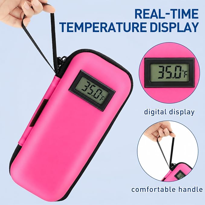 Insulin Cooler Travel Case, Portable Temperature Display Medicine Travel Cooler, Diabetes Case with 2 Reusable Ice Packs TSA Approved for Diabetic Supplies Patent Pending(Pink)