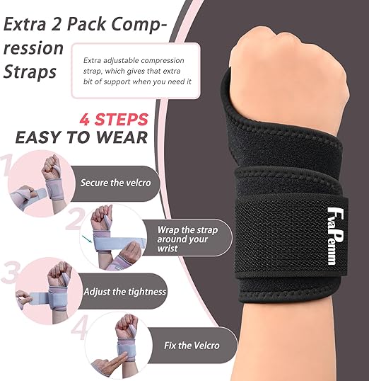 Carpal Tunnel Wrist Brace for Women Men 2 Pairs, Wrist Support Wraps for Right Left Hand, Adjustable Wrist Brace for Tendonitis, Arthritis, Weightlifting, Sports, Day Night Support, Black