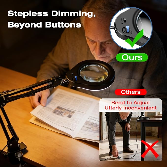 10X Magnifying Glass with Light and Stand, 5 Color Modes Stepless Dimmable LED Magnifier, Hands Free Desk Lamp with Clamp for Close Work Craft Reading Repair
