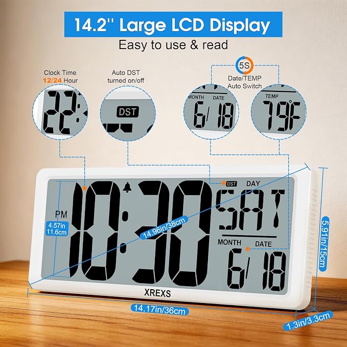 XREXS Large Digital Wall Clock, Electronic Alarm Clocks for Bedroom, Count Up & Down Timer, Battery Operated 14.17 Inch Large LCD Screen with Time/Date/Temperature Display