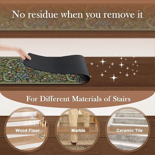 OJIA Non-Slip Stair Runner for Wooden Steps 4PCS 30"x8" Carpet Stair Treads | Indoor Floral Stair Treads Carpet Stair Mats Staircase Step Treads for Kids, Elders and Dogs, Stair Covers, Green