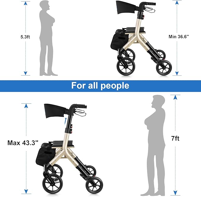 WALK MATE Rollator Walker for Seniors Taller 5.3~7ft with Height-Adjustable Seat, 10 Inch Wheels Wire-Hidden Walkers Compact Folding Design Lightweight Mobility Walking Aid Widen Backrest, Gold