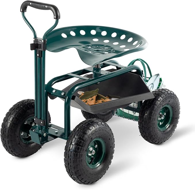 Garden Cart with Workseat Outdoor Gardening Carts with Seat, Heavy Duty Rolling Garden Stools Scooter with Handle and Storage for Seniors, Green