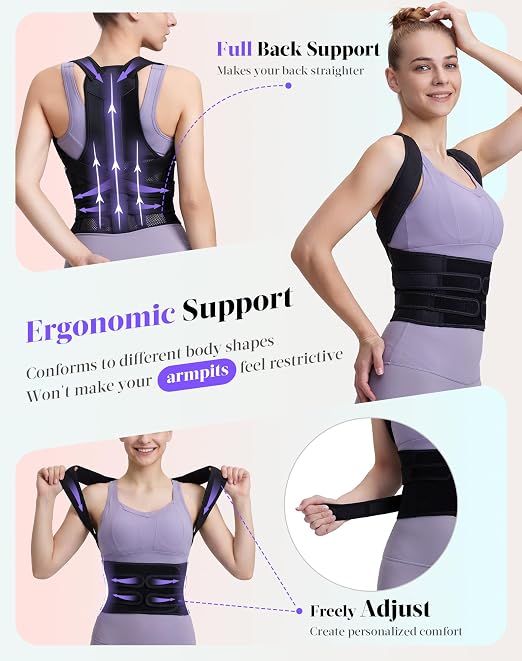 Posture Corrector for Women and Men, Full Back Support Brace, Adjustable Shoulder Straightener, Improving Posture, Relief Upper and Lower Back, Neck Pain, Full Black, Small
