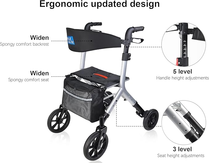 WALK MATE Rollator Walker for Seniors Taller 5.3~7ft with Height-Adjustable Seat, 10 Inch Wheels Wire-Hidden Walkers Compact Folding Design Lightweight Mobility Walking Aid Widen Backrest, Silver