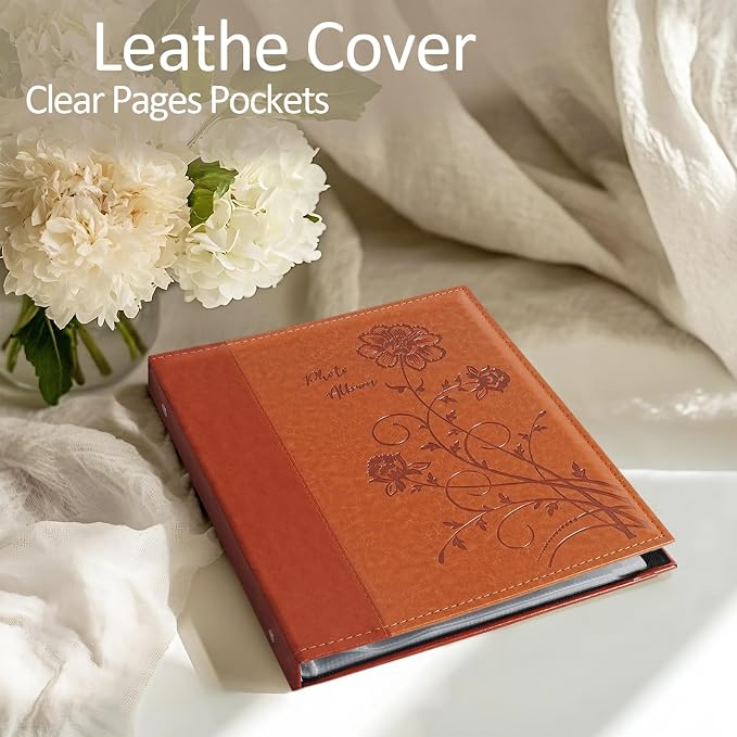 Photo Album 8x10 2 Packs Clear Pages Pockets Leathe Cover Slip Slide in Photo Album Each Holds 100 Vertical 8x10 Photos Picture Book for Wedding Family (Brown)