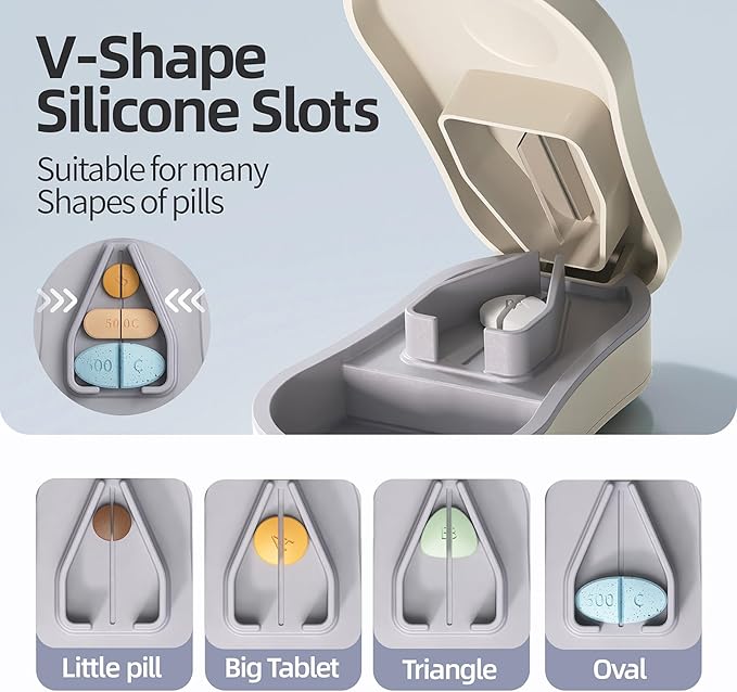 Pill Cutter Splitter for Small and Tiny Pills - 1/2 Accurately Cuts -Easy Open Snap Button.Wrap-Around Blade Guard Prevents Cuts. Detachable V-Shaped Pad. Back Storage(White)