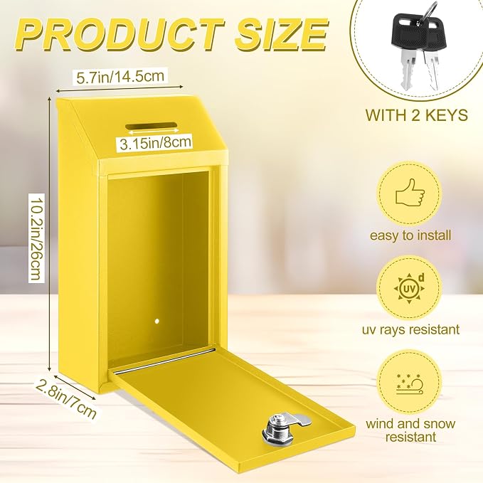 Yaocom Metal Money Box,Yellow,10.24 x 5.71 x 2.95 Inch,No Lid | Wall Mounted Drop Donation Cash Box for Farm Stand Collection Safe Suggestion Box with Lock Container for Home Office Outdoor