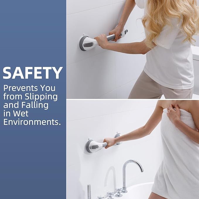 Grab Bars for Bathtubs and Showers Glow in The Dark, 17 inch Suction Grab Bar, Shower Handle Safety Grip Handrail for Seniors and Elderly, Removable Waterproof No Drilling, Grey