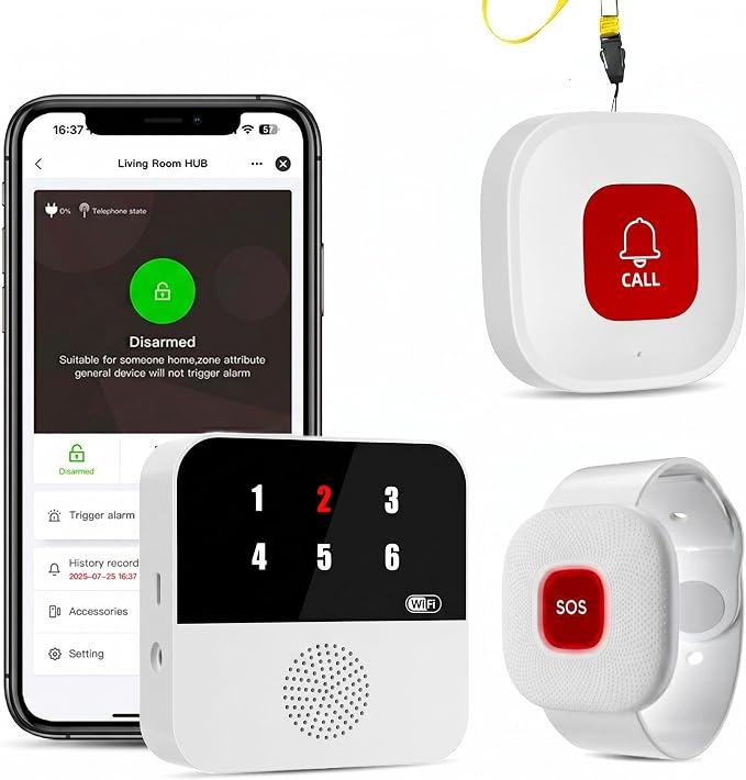PILSAMAS WiFi Caregiver Pager with 1 Wireless Call Button & 1 Wristband | App Alerts With No Monthly Fee, Caller ID Display, IP65 Waterproof, Ideal For Elderly Home Care