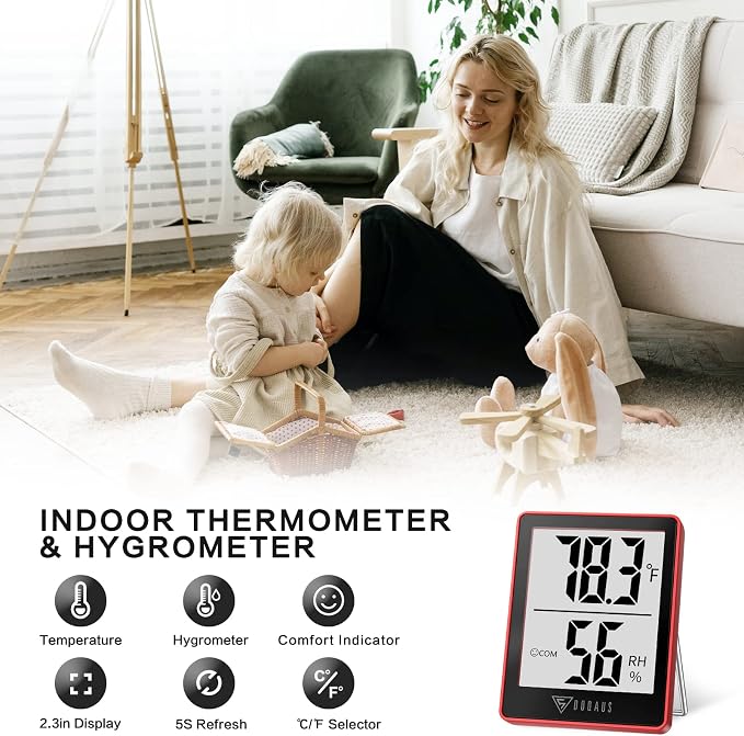 DOQAUS Digital Hygrometer Indoor Thermometer Humidity Meter, Red | Mini Room Thermometer, 5s Fast Refresh, Accurate Temperature and Humidity Monitor for House, Baby Room, Greenhouse, Incubator