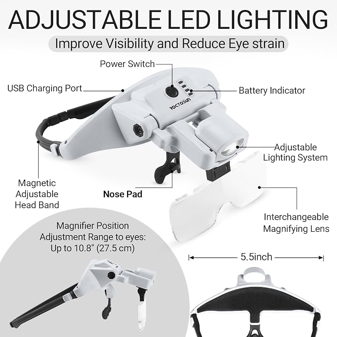 YOCTOSUN Magnifying Glass with Light, 1.0X–4.0X Headband Magnifier | Detachable 6 Lenses,3 Light Colors, Rechargeable Hands-Free LED Head Magnifier for Close Work, Crafts, Sewing, Jewelry
