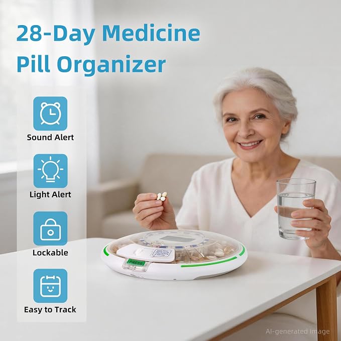 Automatic Pill Dispenser with Safety Lock for Seniors, Dementia | Light & Sound Alarm, 28-Day Electronic Medication Dispenser Up 6 Times/Day, Easy Read Display, Clear Lid