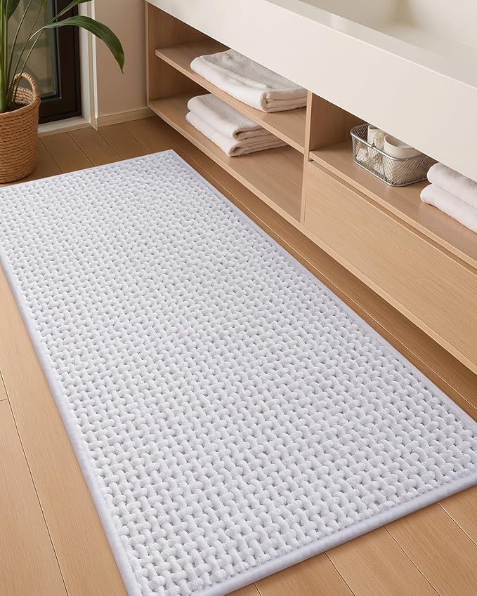 Color&Geometry Chenille Pile Long Bathroom Runner Rugs Upgraded Denser, 24"x47" Non Slip Absorbent White Bath Mats for Bathroom, Washable Shower Mat Outside Shower Quick Dry