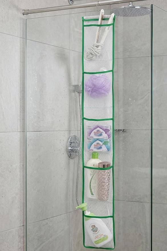 ALYER Narrow Mesh Fabric Shower Caddy Organizer with Hanger,Hanging Mesh Pockets for Shampoo, Conditioner, Soap and Body Wash (Green)
