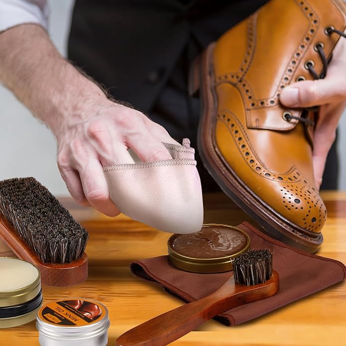 13Pcs Shoe Care Kit for Men & Women,3 Horsehair Shoe Polish Brush,Black Brown Neutral Mink Oil for Shoes,Care for Leather Boots, Shoe Cleaning Kit as Gift for Men with Shine Sponges & Care Cloth | 1.4oz Black Brown White Shoes Wax, 1.7oz Mink Oil, Hors...