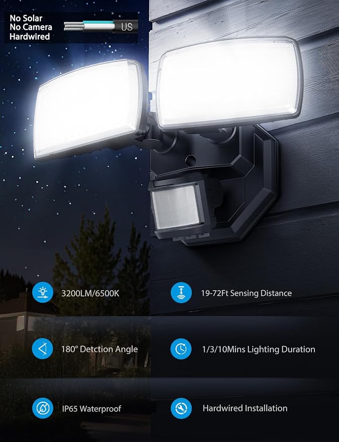 Onforu 32W 2 Head Motion Sensor Outdoor Lights, 3200LM 6500K Hardwired LED Security Light, Dusk to Dawn, Motion Detector Light for Outside, 2 Pack IP65 Waterproof Flood Lights for Garage, Yard(Black)