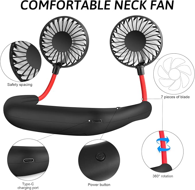 Haomaomao Portable Neck Fan 2500 mAh Rechargeable USB Hands-Free Mini Face Cooling Personal Double Headed Rotatable Small Fan for Working Office Reading Traveling Outdoor Sport