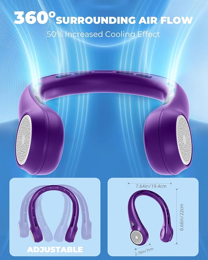 Portable Neck Fan with 4000mAh Rechargeable Battery & LED Display, Personal Cooler for Women/Men, 3-Speed Bladeless 360° Cooling Fans, Stylish Gift for Gym/Travel/Office,Purple