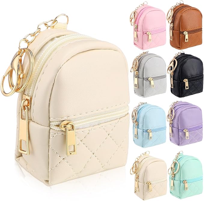 Liliaafar 8 Pcs Mini Backpack Keychain Mini Coin Purses for Women Cute PU Leather Makeup Bag with Keychain, Multi Pocket Card Holder Cable Organizer Giftable Zipper Pouch (Minimalist)