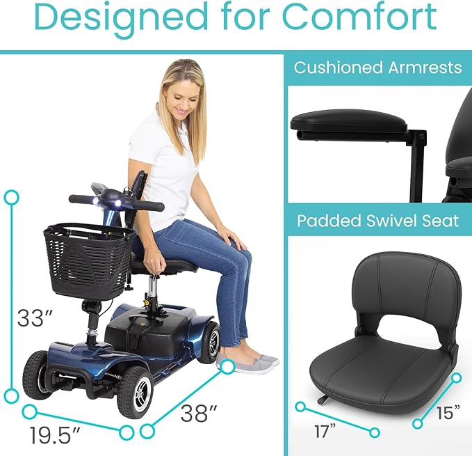 Vive 4 Wheel Mobility Scooter - Electric Powered Wheelchair Device - Compact Heavy Duty Mobile for Travel, Adults, Elderly - Long Range Power Extended Battery with Charger & Basket