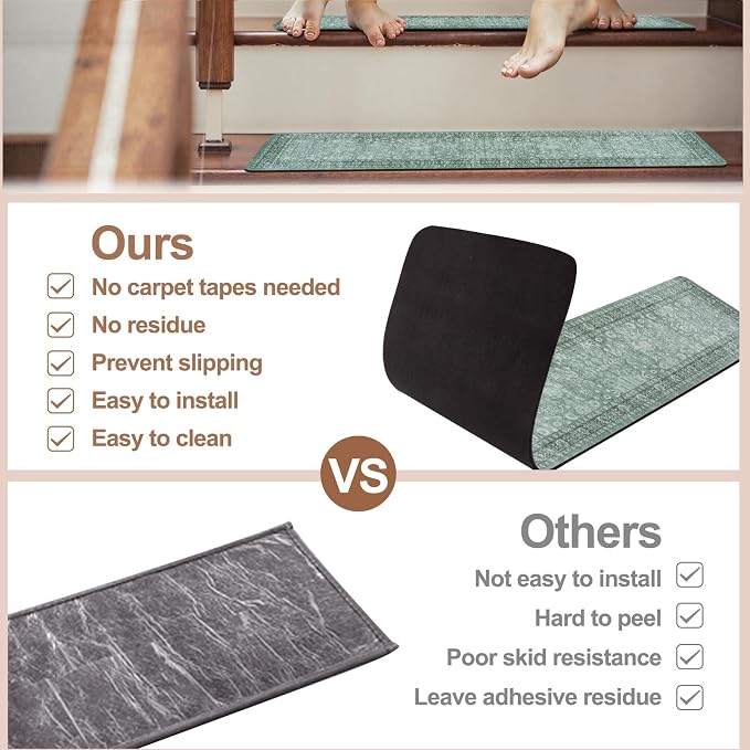 Vintage Stair Treads Non Slip Stair Runners for Wooden Steps 15PCS 8"x30" | Indoor Carpet Stair Treads for Wood Stairs Rubber Staircase Step Treads for Kids & Dogs, Stair Covers, Green