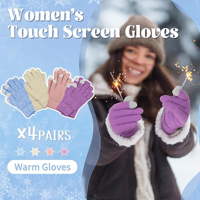 Omisy 4 Pairs Women Winter Gloves Touchscreen Cold Weather Mitten, Christmas Gifts for Adult Stockings Stuffers Mom Wife
