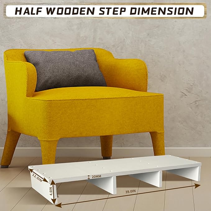 39IN Long Wooden Step Stool for Elderly, Half Wooden Riser Step Stool for High Bed, Bathroom, Kitchen and Living Room, 400LBs Loading(39.0" L*11.5" W*4.6" H, White)