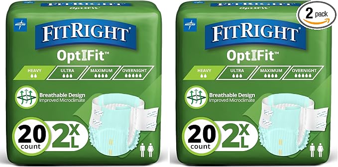 FitRight OptiFit Extra Adult Briefs, Incontinence Diapers with Tabs, Moderate Absorbency, 2XL, 60 to 70", 20 Count (Pack of 2)
