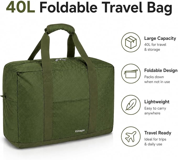 Foldable Travel Duffle Bag with Trolley Sleeve 40L Capacity, Lightweight Packable Travel Duffel Bags with the Keyhole Zipper, Weekender Overnight Nylon Carry on Bag for Men & Women, Army Green