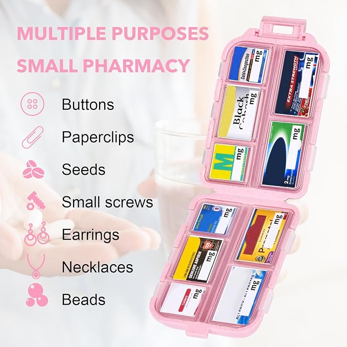 Large Pill Box with 189 Medicine Labels - Pill Organizer with Stickers, Medication Travel Case (Pink, 1 Pack)