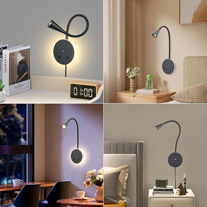 Book Lights for Reading at Night, LED Wall Mounted Reading Light, Flexible Gooseneck Wall Lamps for Bedroom, Plug in Wall Lights with USB Charging, Bedside Wall Sconces Focused Bed Lamp (Black)