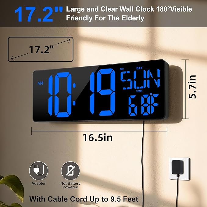 17.2"Large Digital Wall Clock Large Display with Remote Control 180°Visible | Timer with Temperature Date Week Auto DST Adjustable Brightness, for Living Room Classroom Garage Gym Gift for Senior Mom Dad