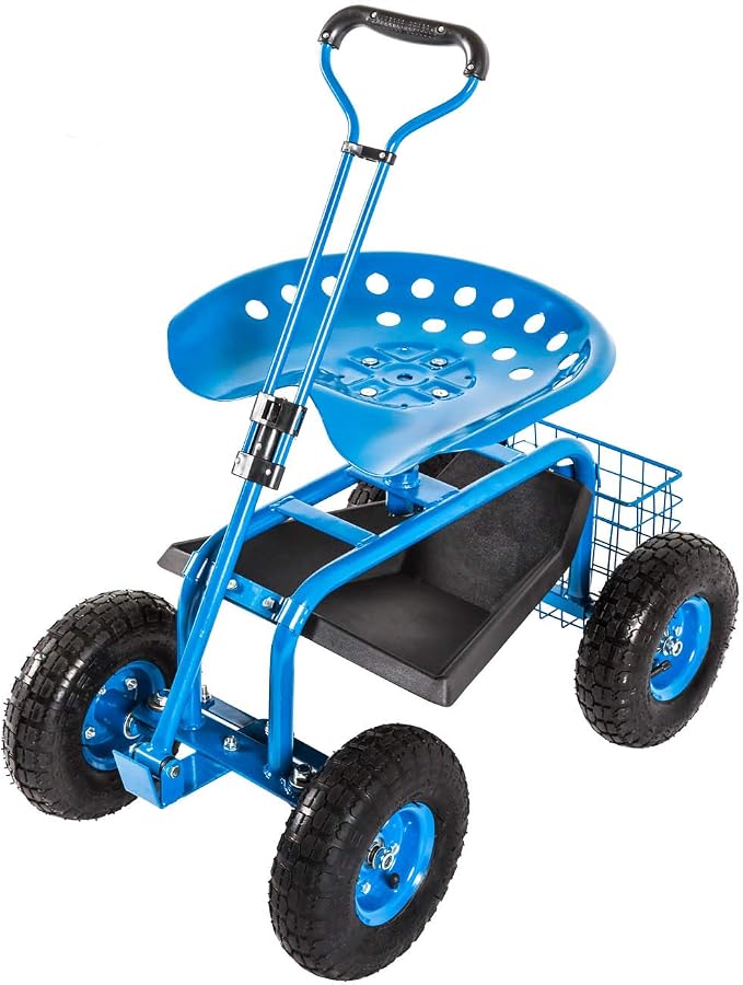 kinbor Rolling Garden Scooter Garden Cart with Tray, 360 Swivel Seat, Blue