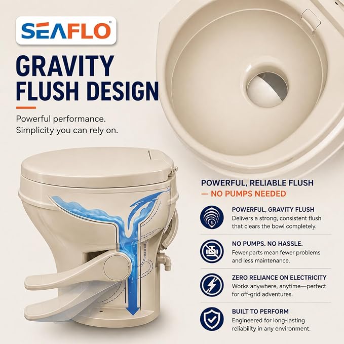 SEAFLO Bone RV Toilet, Residential Height 18.4", Gravity Flush Foot Pedal, Soft Close Seat, Camper Toilet for RV Motorhome Travel Trailer, Parchment, SFRTPH-02-01, 4-Year Warranty